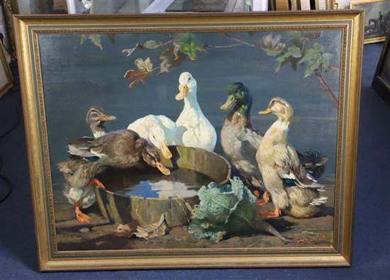 § Mabel Gear (1900-1997) Ducks beside a tub of water 27.5 x 35.5in.